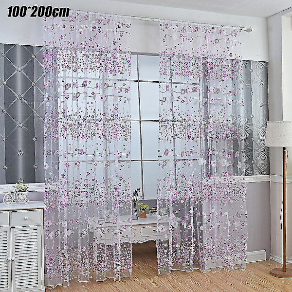Blomstrede Voile Gardiner 1 Panel Stanglomme Slot Top Net Vindue Dekoration Purple 100 x 200cm