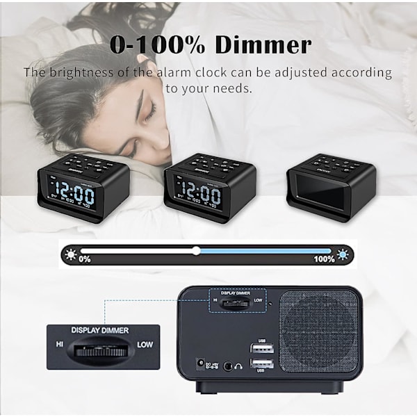 Klockradio med dubbla alarm, digital väckarklocka med 2 USB-laddningsportar, 0-100 % dimbar, justerbar volym, inomhus termometer svart