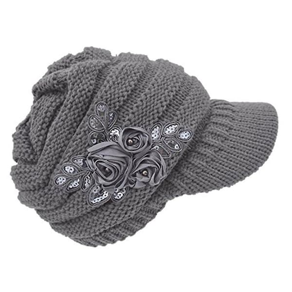 Dam vinter varm stickad mössa virkad skärm mössa med blomma accent Grey