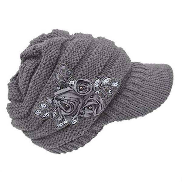 Damer Vinter Varm Strikhue Hækle Visir Skygge Hue Med Blomster Accent Grey