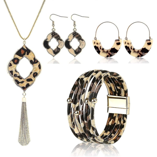 Statement Leopard set för kvinnor Leopard läderarmband Teardrop Drop Dingle örhängen Style A