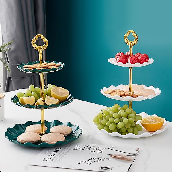 3-vånings kakställ, återanvändbart runt kakställ, fruktfat, plast dessertställ, cupcake-ställ, serveringsfat för fest Dark Green
