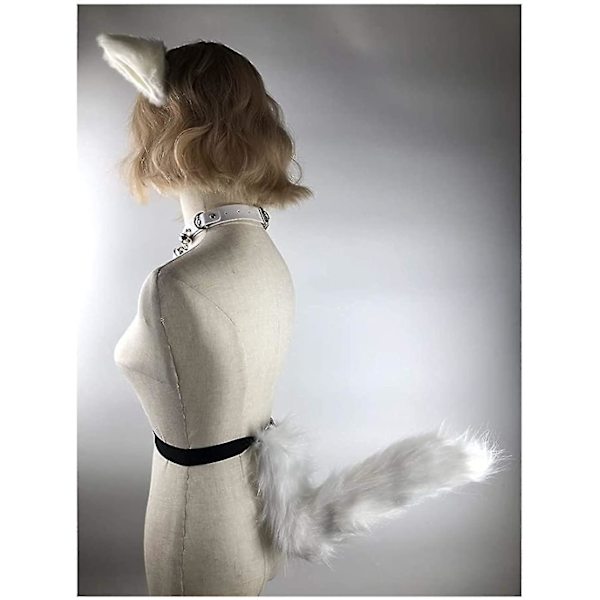 Svans- och öronset, lång rävsvans cosplay konstgjord päls lurvig räv varg svans kit med öron och klockor krage för barn, flickor, pojkar White