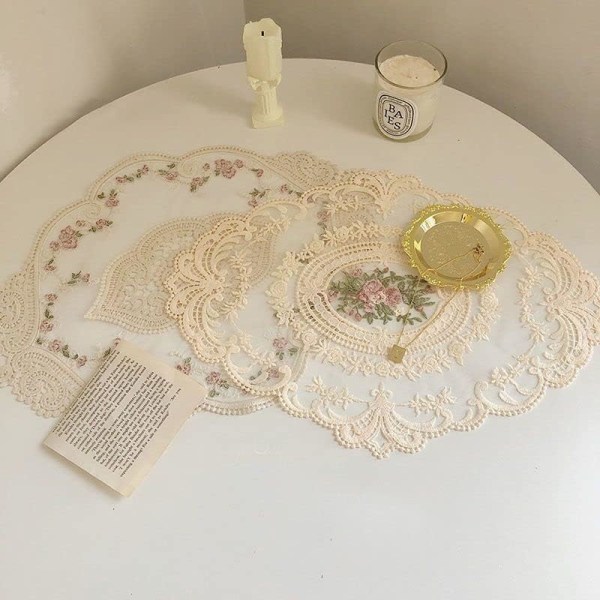 4-delad vintage spetsmatta, franskt virkat hänge, handbroderad bordsmatta, 12x16 tum beige mattunderlägg 4