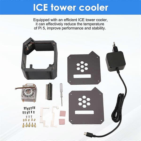 Mini Tower blæser med kabinet sæt med Ice Tower 0.96 skærmvisning strømforsyning til Raspberry Pi5 EU-stik