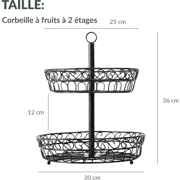 2-kerroksinen hedelmäkori - Suuri metallihedelmäkori työtasokoristeella - Musta design-hedelmäkulho - Tuoreiden hedelmien ja vihannesten pöytäkori