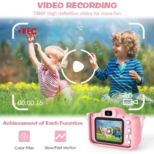 Barnkamera, digital kamera för barn 20 MP foto & 1080P HD-video/dubbel lins/selfiekamera/ 8X zoom/automatisk power /32 GB TF-kort medföljer, rosa