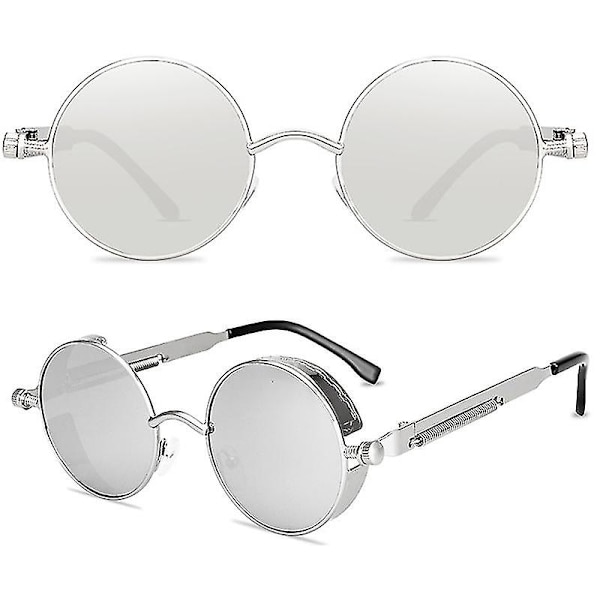Pyöreät linssiset aurinkolasit miehille ja naisille, tyylikkäät pyöreät hippilasit Silver Frame Silver Lenses