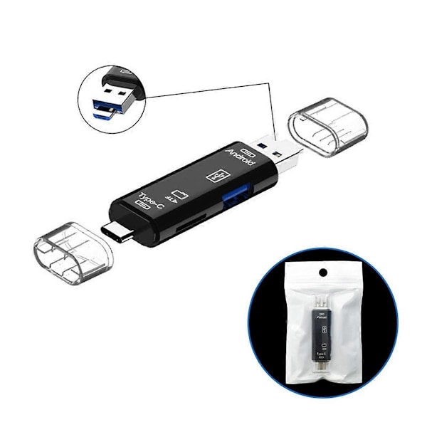 3-in-1 kortinlukija OTG-toiminnolla, tukee USB 2.0 / Type C / USB -toimintoa, Micro-USB muistikortti, musta