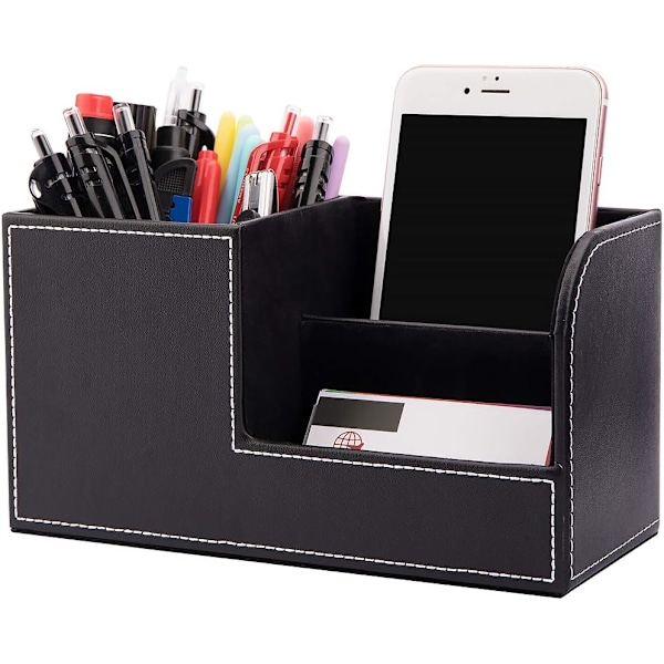 Desk Storage Box,Multifunctional Pen Holder,Stylish Black Pu Leather Desk Stand for Stationery Storage Box,Business Cards,Pens,Mobile Phones