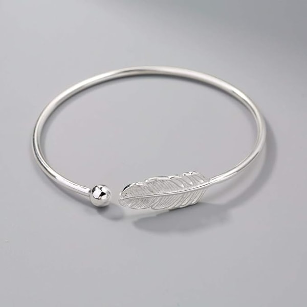 925 Enkelt Etniskt Bohémiskt Fjäder Öppet Smycke Armband Silver