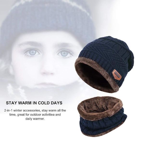 Barn Vintermössa Och Halsduk Set, 2 st Varm Stickad Mössa Och Halsduk För 5-14 År Gamla Navy Blue