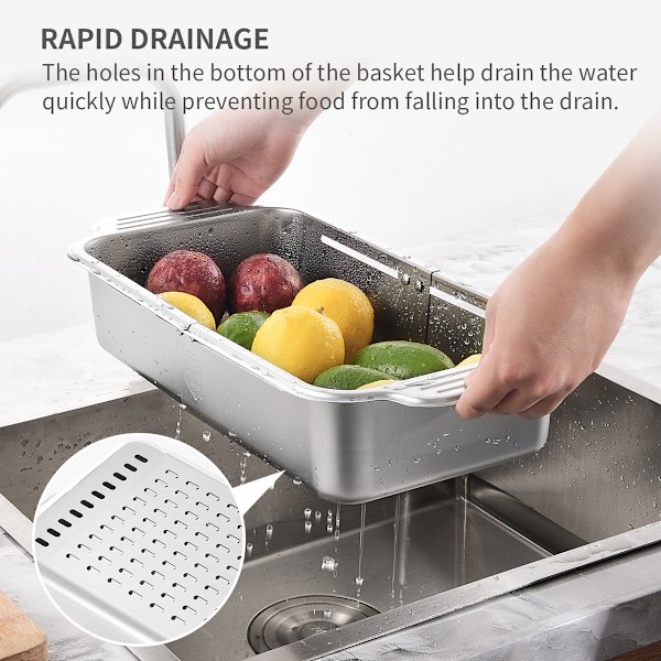 Rostfritt Stål Kök Diskho Avloppskorg Retractable Avlopp Grönsaksbassäng Skål Ätpinnar Diskbricka Förvaringsställ