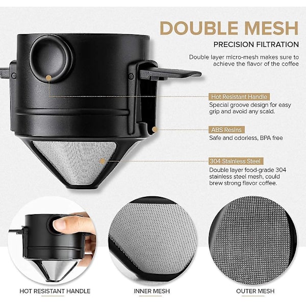Genanvendeligt kaffefilter i rustfrit stål, sammenklappeligt campingkaffefilter