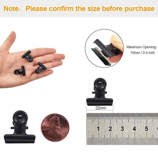 10-pack svarta små tjurklämmor, små metallklämmor med gångjärn, små klämmor för papper, etiketter, väskor, butiker, kontor (22 mm)