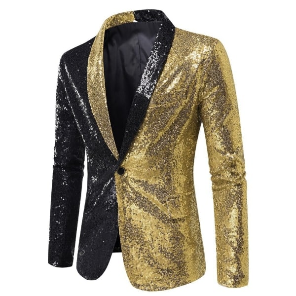 Glitterblazer med paljetter för män, en knapp, spetsig krage, smokingjacka, svart och black and gold M