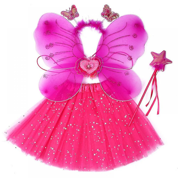 Fairy Wings Kostym Barn, Princess Fairy Costume Fairy Butterfly Wings Set Girl Kort kjol Wings Wand, Rose Red Paljetter