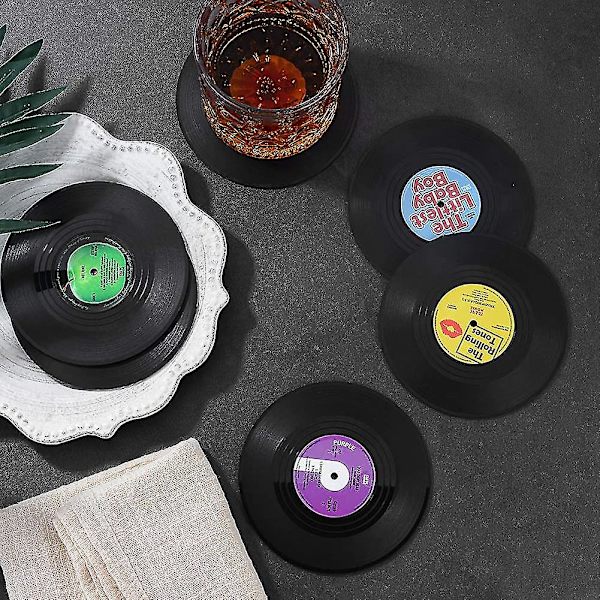 Musiikkialuset vinyylilevyllä, 6 kappaleen setti juoma-alustoja musiikin ystäville