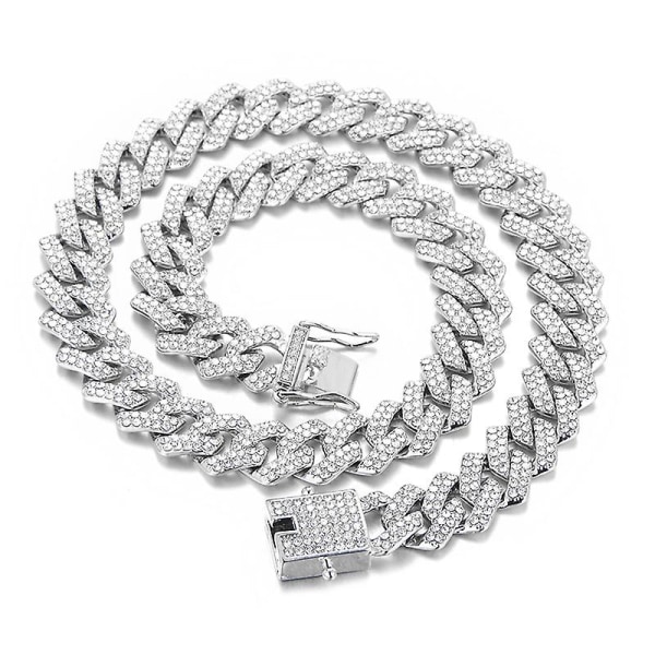 Hip Hop Iced Out Asfalterad Rhinestone 15 Mm Kubansk länkkedja Guld Silver Halsband för män kvinnor