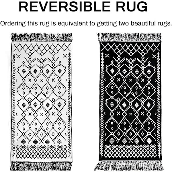 1 stk. Boho badeværelsestæppe, Boho tæppe køkkenløber sort og hvid badeværelsestæppe, vaskbart badeværelsesmåtte tribal landejendom frynser geometrisk marokkansk 60*90cm