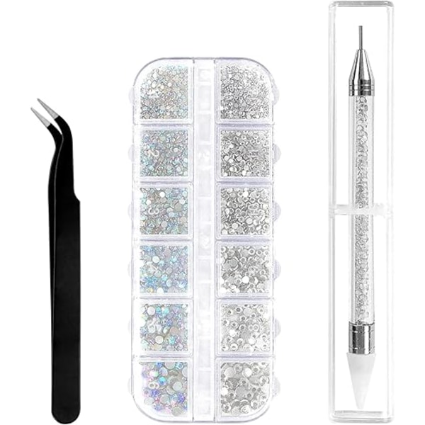 1500 Pieces Nail Art Rhinestones,6 Sizes Crystal AB Rhinestones Gems,Flat Back Crystal Diamonds,with Tweezers and Dot Pen,for Nails/Clothes/Face/Craf