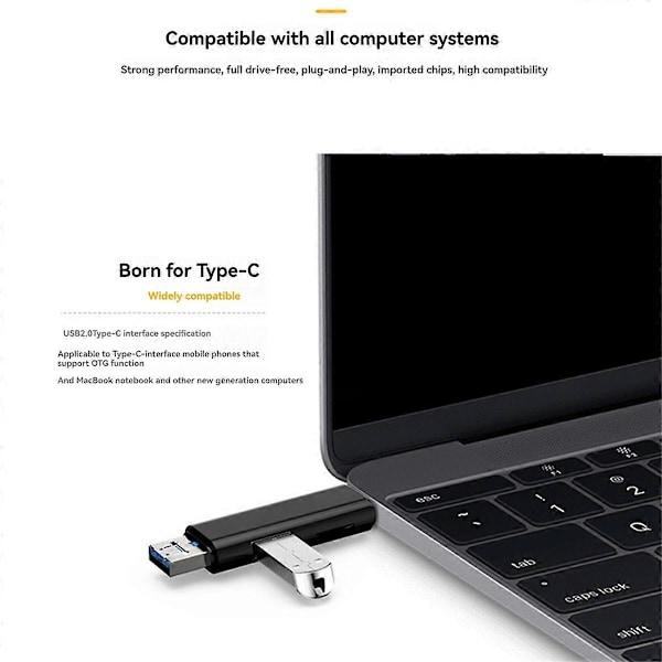 3-in-1 kortinlukija OTG-toiminnolla, tukee USB 2.0 / Type C / USB -toimintoa, Micro-USB muistikortti, musta