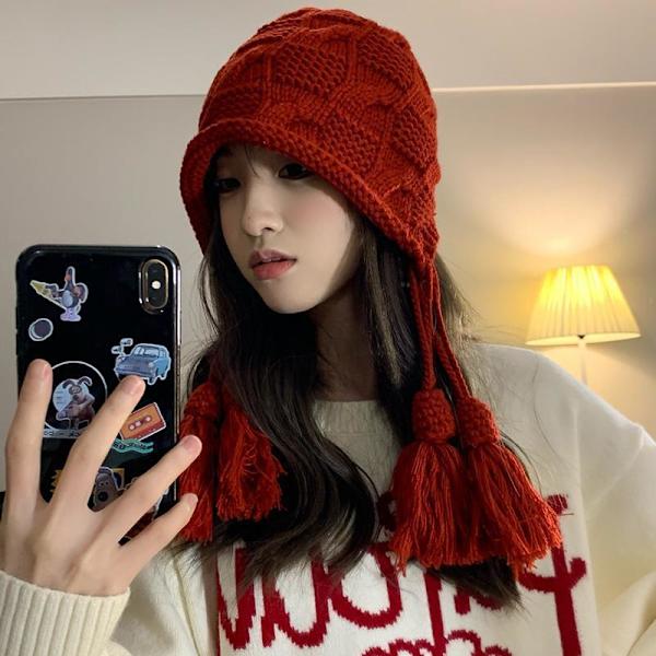 Nyår Rödluvan Dam Höst och Vinter Varm Ull Tofs Pullover Mössa Handgjord Stickad Öronskydd Mössa Japansk Stil