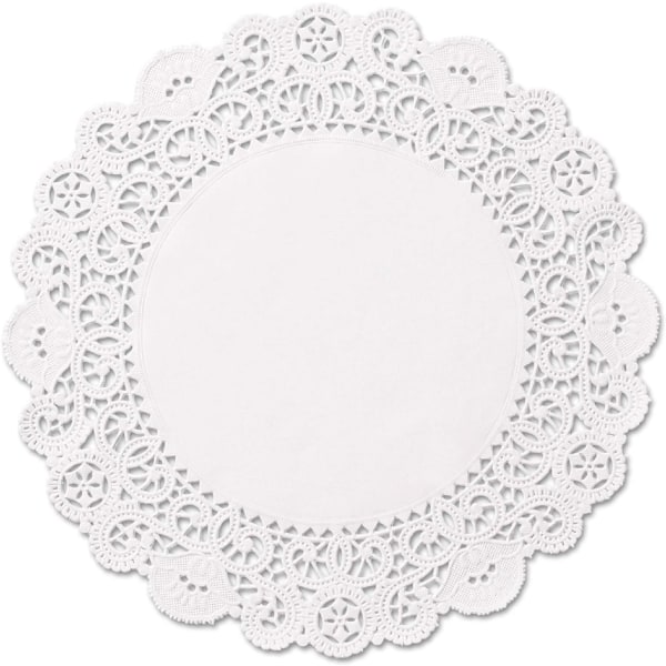150 rund pappersspetsduk – 12" vita dekorativa bordstabletter för engångsbruk; Tillverkad i Kanada