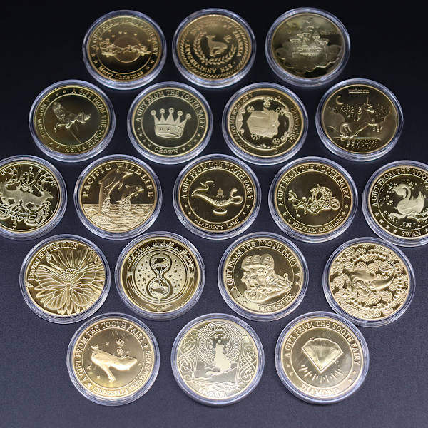 5 tilfeldige gullbelagte minnemynter i forskjellige stiler, kreative barnetenner gaver, metallmynter, krypterte minnemynter