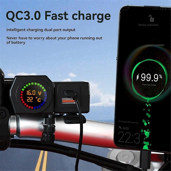 USB Stik Motorcykel Styr & Bakspejl Vandtæt Hurtig Oplader Telefon Strømadapter Digital Voltmeter Termometer