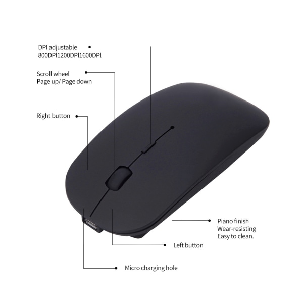 2,4 GHz uppladdningsbar trådlös Bluetooth mus, Dual Silent Click-läge, kompatibel med bärbar dator, PC, MacBook Black