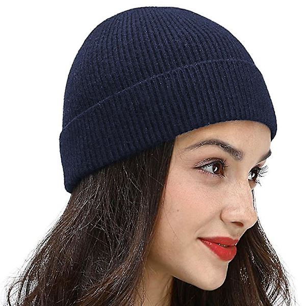 Vinter Beanie Varme Manchet Hueknitted Cap Vinter Hat Sort Cyan