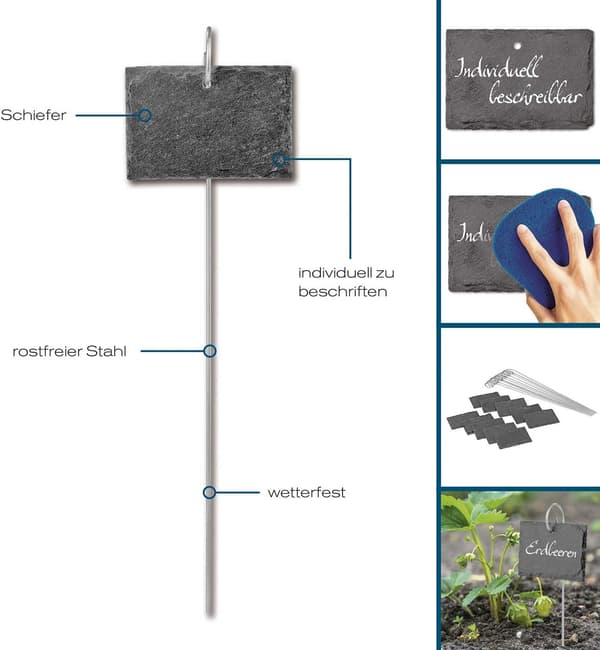 Sæt med 10 skiferplanter, Individuel mærkning af planter og urter, 10 x 7 x 0,5 cm [rektangulær]