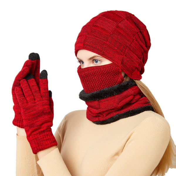 Varm 4-delt lue, skjerf, maske og hansker for menn og kvinner rød