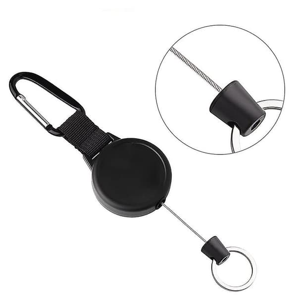 2 stk. Nøglering med 100 cm metal kabel, robust nøglering med rulle, sort