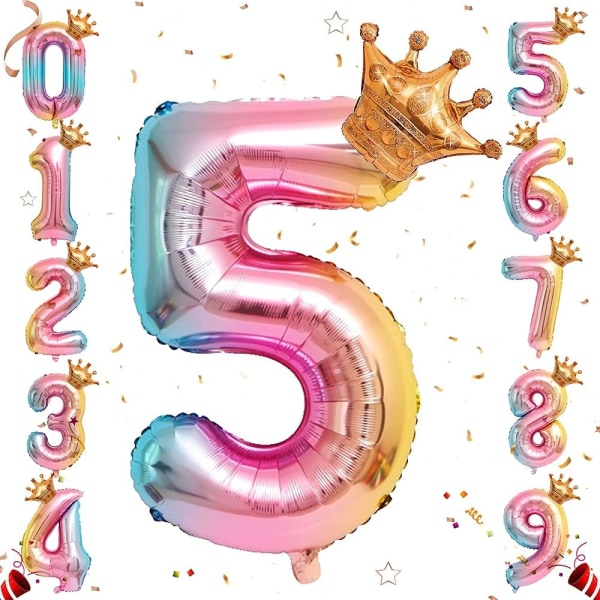Heliumfolienummerballong (#8), 32 tums regnbågsgradientnummerballonger med krona för födelsedag, födelsedagsfestdekorationer