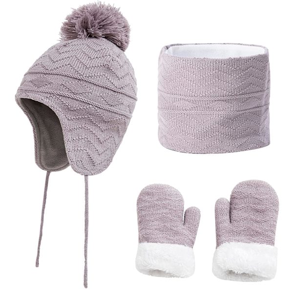 Barnmössa, handskar, halsduk, öronlappsmössa, stickad mössa, halsvärmare för babyflickor pojkar Grey L
