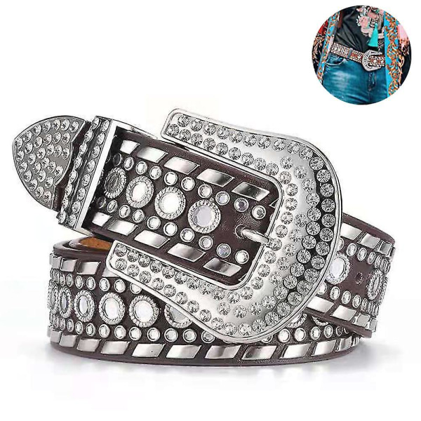 Rhinestone-belte for kvinner Cowgirl Bling Studded skinnbelte for jeans coffee