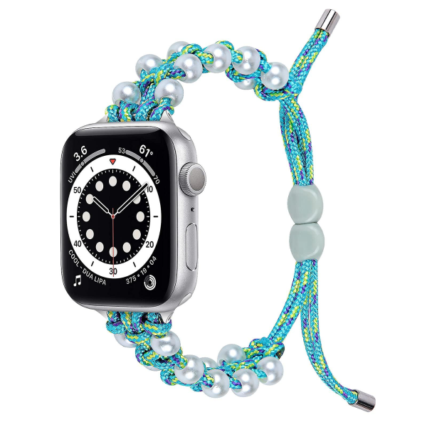 Pearl Nylon hihna, joka on yhteensopiva Apple Watch hihnan kanssa 40 mm 38 mm naisten tytöille, säädettävä Pearl Jewelry Weave Nylon Blue