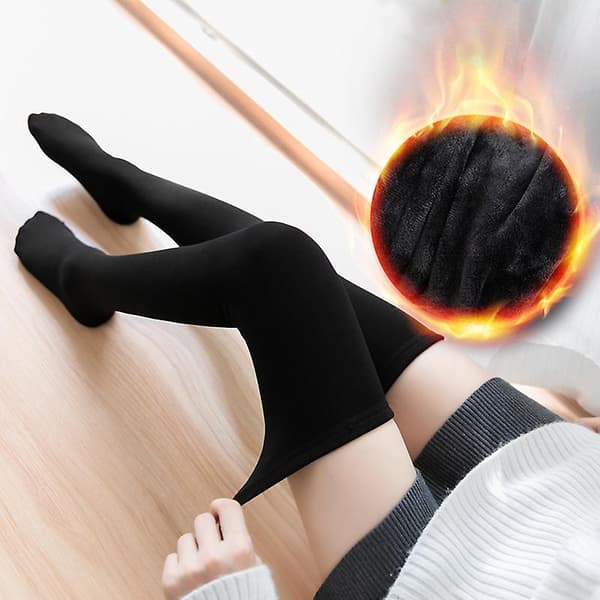 Fortykkede Fleece Strømper Vinter Strømper Over The Knee Skridsikre Lår Strømper Black