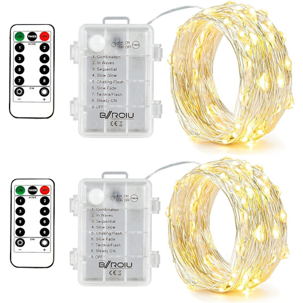 2 x 50 LED-drivna batteridrivna ljusslingor, 5 meter mikro silverkabel 3AA vattentät batteridrift med 8 program fjärrkontroll varmvit