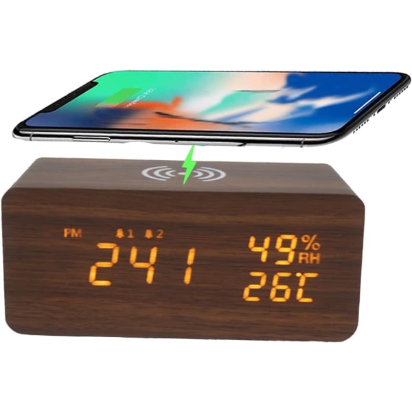 Digital väckarklocka, Digital väckarklocka med trådlös laddning, LED digital klocka Digital väckarklocka med temperatur/ USB laddningsport Brun