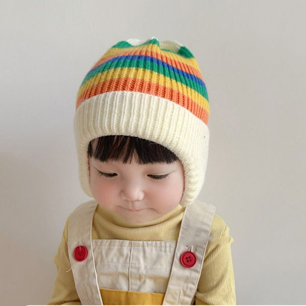 Barnehatter, høst og vinter koreansk stil strikkede hatter, fargerike ullhatter, varme ørebeskyttelseshatter for jenter og gutter, trendy genserhatter