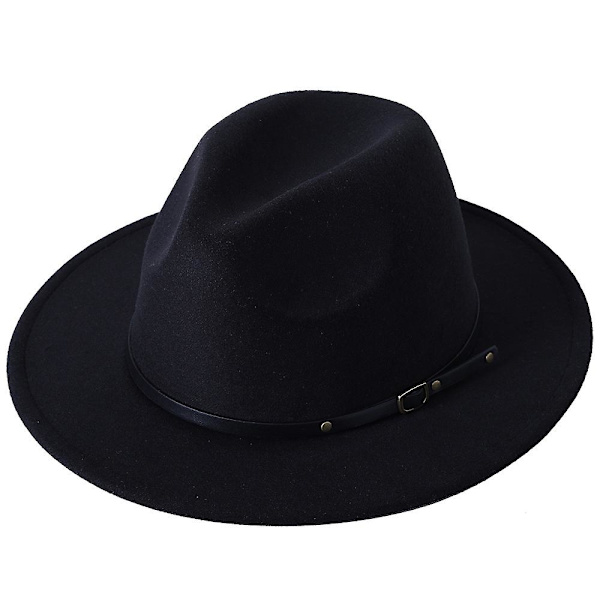 Dame Retro Bred Hat med Bred Krempe Floppy Panama Hat Bæltespænde Uld Fedora Hat Black