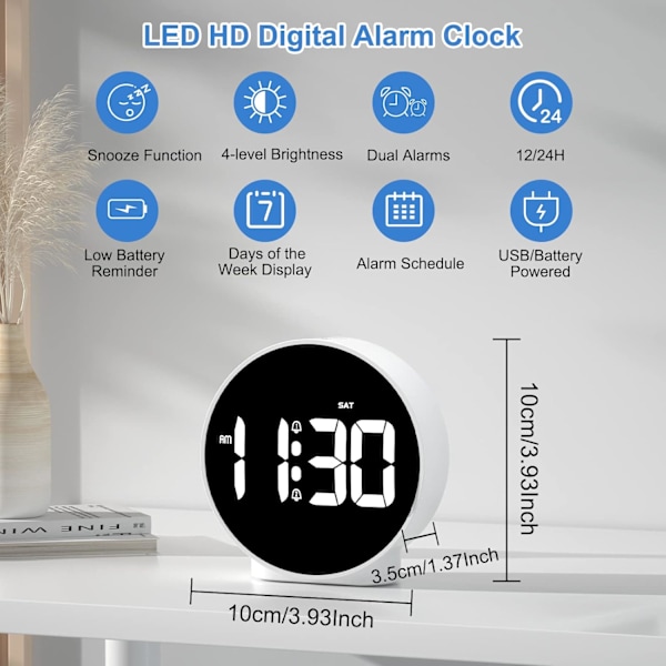 Digital väckarklocka, reseväckarklocka med veckodagvisning, larmschema och snoozefunktion för resor, sovrum, vit