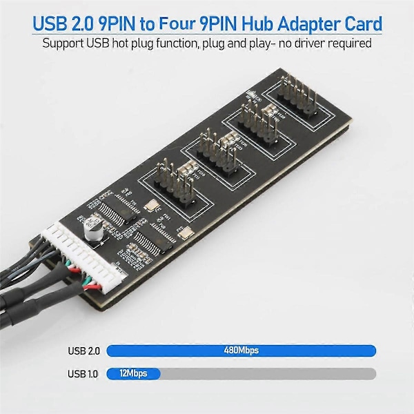 9-Pin USB Header Splitter med SATA Strømkabel, Intern USB Hub Udvidelse USB 2.0 Splitter Konnektor til Bundkort