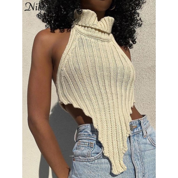 Nibber Genser Strikket Topper Turtleneck Basic Tank Top Beauty Back Genser Pullover Vest 2023 Sommer Elegant Streetwear Dame Ivory M