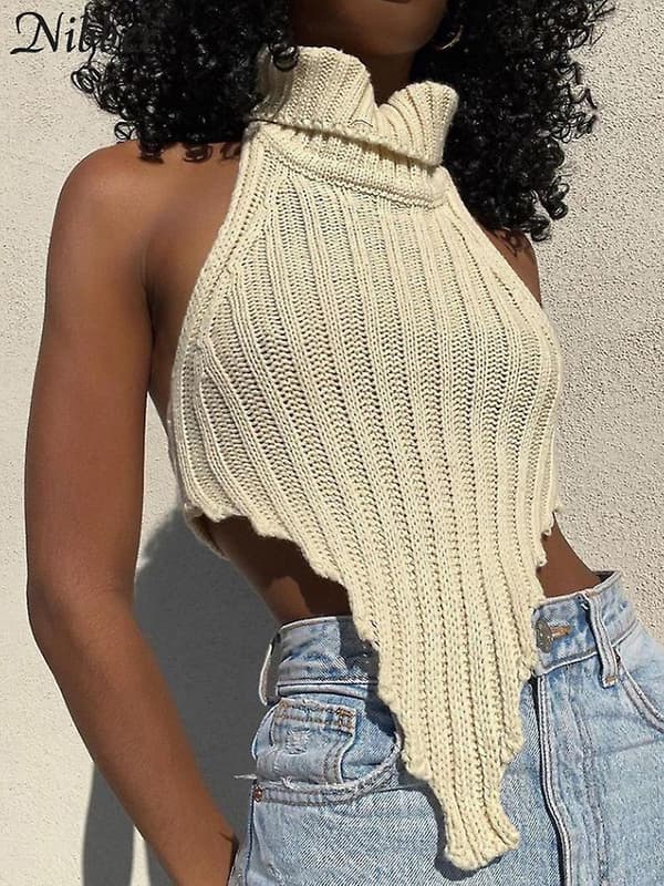 Nibber Pullover Strik Toppe Turtleneck Basic Tank Top Beauty Back Sweater Pullover Vest 2023 Sommer Elegant Streetwear Kvinde Black L
