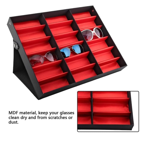 18 Grids glasögonlåda, hopfällbar case, förvaringsbox för solglasögon Black Red