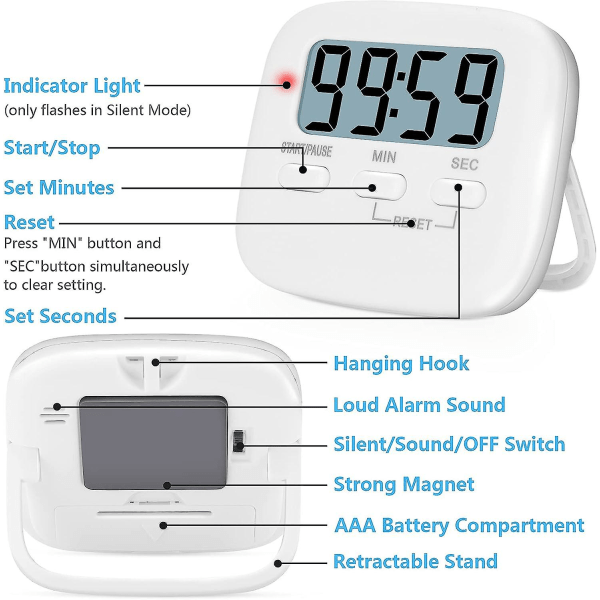 Korta tid larmklocka, 2 stycken, kökstimer, digital timer, magnetisk äggtimer, köksklocka, nedräkningsur, kök med LCD högt larm Fo
